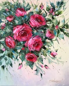 a painting of pink roses in a vase