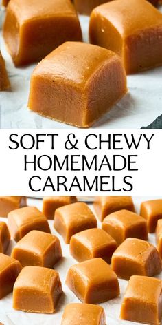 soft and chewy homemade caramels on a baking sheet with text overlay