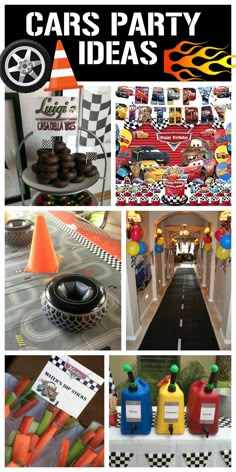 cars party ideas Disney Cars Party Food Ideas, Car Bday Party Ideas, Cars Themed Party Ideas, Race Cars Birthday Party Ideas, Cars Theme Birthday Party Decorations Diy, Race Car Party Food Ideas, Lightning Mcqueen Birthday Party Ideas Food, 4th Birthday Themes For Boys, Race Car Food Ideas