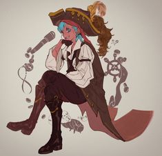 a drawing of a woman sitting on top of a chair next to a microphone and wearing a pirate hat