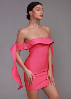 Step out in style in this off-shoulder ruffle-trimmed dress. Crafted from a soft, hot-pink fabric, the split hem adds a chic silhouette to any wardrobe. Sleek and sophisticated, this is the perfect statement piece for a special night out. Fit Type: Slim Fit Fabric: High Stretch Material: 95% Polyester, 5% Elastane Straight Neckline Mini Dress With Ruffles For Date Night, Ruffled Mini Dress With Straight Neckline For Date Night, Date Night Mini Dress With Ruffles And Straight Neckline, Off-shoulder Ruffled Bodycon Dress For Cocktail, Off-shoulder Ruffled Bodycon Cocktail Dress, Off-shoulder Ruffle Bodycon Cocktail Dress, Off-shoulder Bodycon Dress With Ruffles For Cocktail, Pink Mini Dress With Stretch And Straight Neckline, Pink Fitted Off Shoulder Mini Dress