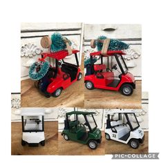 four different shots of golf carts with christmas decorations on them and the same one being used as a golf cart