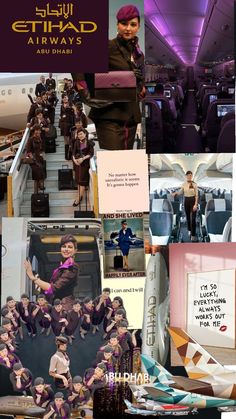 the collage shows many different images of people on an airplane, and there is also a woman standing at the bottom of the stairs