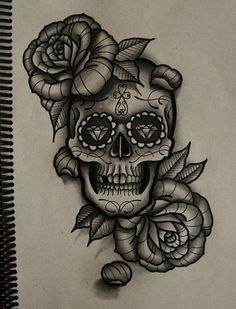 a drawing of a skull with roses on it