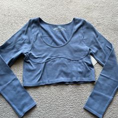 Brand New With Tags Size Xl Aeropostale Nwt Seriously Soft Seamless Long Sleeve Crop Top Tee Shirt Blue Xl Medium Support Cropped Top For Spring, Blue Casual Tops With Medium Support, Casual Blue Tops With Medium Support, Cotton Scoop Neck Top With Medium Support, Light Blue Athleisure Tops For Fall, Comfortable Spring Loungewear Tops, Blue Stretch Tops For Loungewear, Blue Relaxed Fit Workout Tops, Blue Fitted Tops For Loungewear