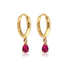 description These 14K Gold Small Hoop earrings feature a tiny dangling pear shaped Ruby gemstone. With just the right amount of sparkle these go great with other huggies in our 14K Gold Collection. end description materials 14K Gold Ruby gemstone Hypoallergenic. lead and nickel free end materials details Height 0.6in (16mm) Hoop: Inside Diameter 8.2mm, Thickness 1.8mm Pear 5mm x 3mm Click Snap closure end details sku #ES056-GRB end sku Gold Small Hoop Earrings, Gold Heart Studs, Minimal Earrings, Small Hoop Earrings, Heart Gemstone, Ruby Earrings, Ruby Gemstone, Heart Studs, Gold Collection