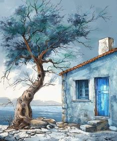 a painting of a tree in front of a house with blue doors and shutters