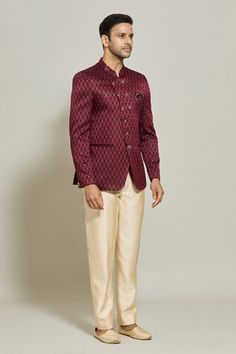 Maroon woven bandhgala with floral geometric pattern and statement buttons. Paired with a pant. - Aza Fashions Floral Geometric Pattern, Floral Geometric, Band Collar, Jacquard Weave, Aza Fashion, Geometric Pattern, Trousers, Band, Collar