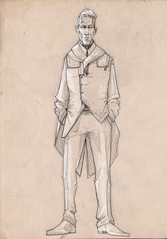 a drawing of a man standing with his hands in his pockets