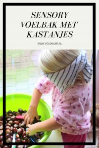 a child is playing with some food in a green bowl and the words sensory volebak met kastanes above it