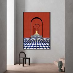 a room with a chair and a painting on the wall above it that has a checkered floor