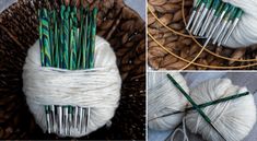 three pictures showing yarn, needles and knitting needles in a basket with pine cones on the side