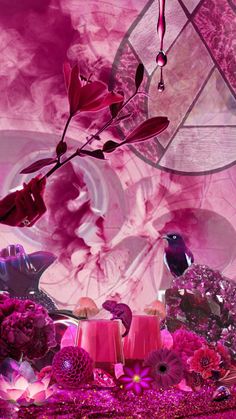 pink flowers and candles are in front of a purple background with an abstract design on it