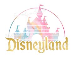 disneyland castle with the word disney land painted on it's side in gold and pink