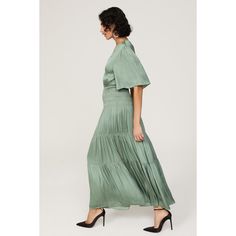 Green satin (100% Polyester). A-line. Short sleeves. V-neck. Pull on. 54" from shoulder to hemline. Imported. Chic Satin V-neck Dress For Dinner, Elegant Green A-line Satin Dress, Elegant Short Sleeve V-neck Dress For Brunch, Satin A-line Midi Dress For Dinner, Satin V-neck Dress With Pleated Bodice, Chic V-neck Satin Summer Dress, Flowy V-neck Maxi Dress For Cocktail, Spring Formal Ruched V-neck Dress, Elegant Maxi Length V-neck Dress For Brunch