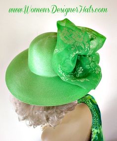 Ladies Lime Green Wide Brim Fashion Kentucky Derby Hat.  This dress hat is adorned with a large lime green sheer organza fabric bow with a beautiful pattern. This is a custom made hat. This dress hat is suited for Winter, Spring, Summer And Fall. A perfect special occasion hat for weddings, formals, Church, horse races, the Kentucky Derby, and holidays.

Material: Polypropylene : Straw Braid

Head Size: 22.5 Inches

Brim Measures 22 And One Half Inches Across, 5 Inch Brim

Crown Style - Round St Elegant Green Fascinator For Church, Elegant Green Church Fascinator, Summer Wedding Hat With Bow, Kentucky Derby Hats With Ribbon For Church, Fitted Wide Brim Summer Fascinator, Summer Evening Fascinator With Ribbon, Kentucky Derby Garden Party Hat With Bow, Green Hats For Summer Garden Party, Elegant Summer Hats With Ribbon