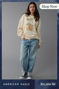 Super soft brushed fleece/Crew neck/Halloween graphics/Ribbed cuffs Halloween Mickey Mouse, Halloween Graphics, Graphic Tops, American Eagle Outfitters, Women's Jeans, American Eagle, Crew Neck Sweatshirt, Graphic Sweatshirt, Women Jeans