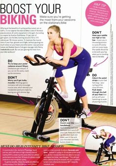 a woman is riding an exercise bike with instructions on how to use the stationary bike