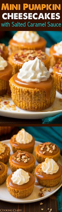 mini pumpkin cheesecakes with salted caramel sauce and whipped cream on top