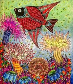 a painting of a fish in the ocean surrounded by corals and other marine life