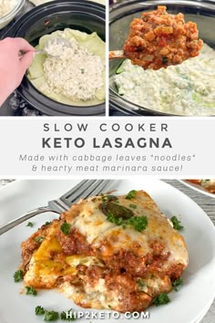 this slow cooker keto lasagna is made with cabbage leaves, noodles and hearty meat marinara sauce