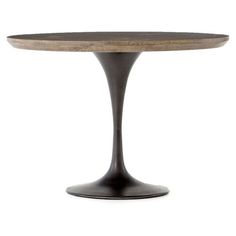 an oval wooden table with black metal base and wood top, on a white background