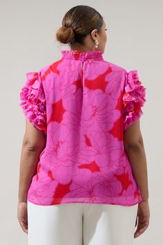 Our most loved and best-selling Brenna Mock Neck Ruffle Blouse makes its return one more time and now in this stunning red and pink floral print. Its silhouette highlights a ruffle-smocked mock neck that tops a ruffle layer sleeve and relaxed bodice. Wear it tucked in to your favorite high waisted flares and strappy heels or sandals. - Mock neck- Ruffle layer sleeves- Keyhole- Classic fit- Color: Red PinkSize + Fit - Model is 5'11" and wearing size 2X- Measurements taken from size 2X - Chest: 49 Pink Tops With Ruffles And Collar, Pink Sleeveless Top With Ruffles, Pink Ruffled Collar Top With Ruffles, Pink Silk Ruffled Top, Layer Sleeves, Printed Top Outfit, Pink Ruffle Sleeve T-shirt With Ruffles, Button Front Maxi Dress, Pink Floral Print