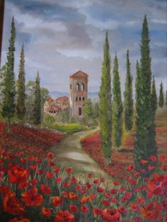 an oil painting of a country road with poppies in the foreground