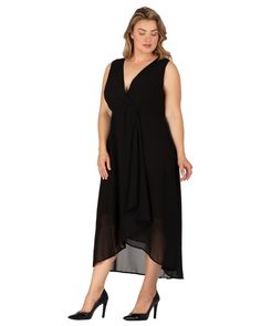 Easy to wear and polished looking, this sleeveless plus-size dress has a high low hem that showcases your legs and cute shoes. Elegant Sleeveless High Low Evening Dress, Chic Sleeveless Wrap Dress For Night Out, Elegant Sleeveless Faux Wrap Dress, Elegant High-low Hem Maxi Dress For Cocktail, Chic Sleeveless High Low Evening Dress, Chic Sleeveless Faux Wrap Dress, Formal Sleeveless Dress With Overlay, Elegant Sleeveless Wrap Dress For Night Out, Elegant Flowy Maxi Dress With High-low Hem