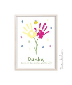 a card with the words danke on it and a handprinted image of a flower