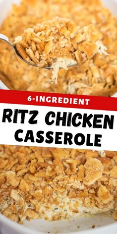 a close up of a bowl of food with the words ritz chicken casserole