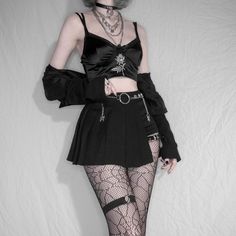 Summer Goth Outfits, Embroidered Cami Top, Sheer Lace Dress, Pleated Shirt Dress, Egirl Outfits, Looks Black, Goth Punk