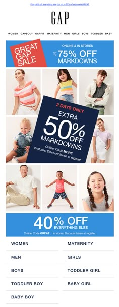 the gap coup is shown with an image of children's clothing