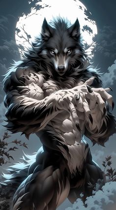 a wolf with his arms crossed in front of the moon