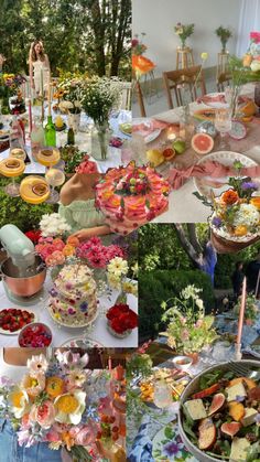 a collage of pictures with different food items on it and flowers in the middle