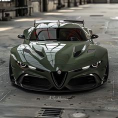 a green and white car parked on the street