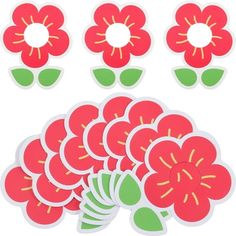 red flowers with green leaves are arranged on a white background and surrounded by smaller ones