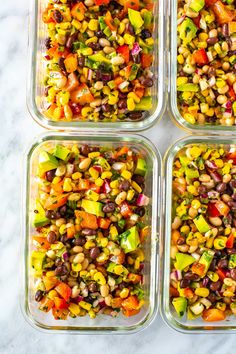 four glass containers filled with different types of food