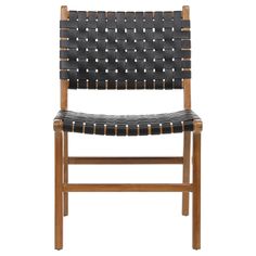 a black leather and wood chair with woven seat padding on the back, viewed from the front