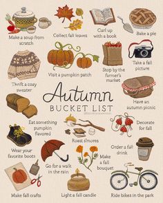 an autumn bucket list with pictures and words to describe the items that are in it