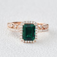 Emerald & Moissanite Rose Gold Ring Set 2pcs - Felicegals Emerald And Moissanite Ring, Emerald Engagement Ring And Wedding Band Set, Emerald And Rose Gold Ring, Green Emerald Engagement Ring With Band, Real Emerald Engagement Ring, Engagement Ring Emerald Green, Square Cut Emerald Wedding Ring, Gold And Emerald Wedding Ring, Emerald Cut Emerald Engagement Ring