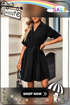 Black Lapel 1/2 Sleeve Shirt Dress with Belt Shirt Dress With Belt, Belt Women, Dress Shirt Sleeves, Dress With Belt, Mini Dresses, Women Dresses, Shirt Sleeves, Dresses Mini, Sleeve Shirt