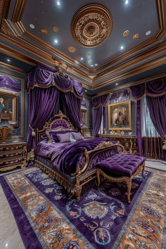 an elaborately decorated bedroom with purple and gold decor