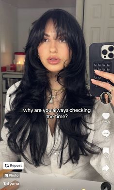 Long Hair Ponytail With Bangs, Lace Front Curtain Bangs, Wolf Bangs Long Hair, Latina Blowout, Fringe With Long Layers, Black Hair Long Bangs, Long Hair Alternative Cut, Heavy Layered Long Hair, Hair Length For Oval Face Shape