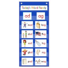 a blue poster with words and pictures on it that say today's word family