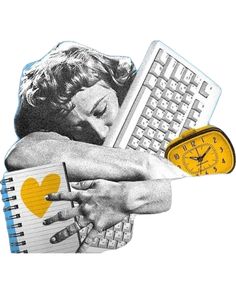 a drawing of a woman with her arm wrapped around a keyboard and a yellow clock