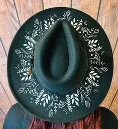 "Welcome to Witchwood's brand new XL wide brim hats! These hats have our biggest brim yet! They are made of sturdy vegan felt and are all hand printed.   Vegan Felt Size: 23\" (but size is adjustable and can be sized down, inside the hat) PLEASE NOTE: These hats have a bit more \"give\" to the circumference and can fit a slightly bigger size than our other wide brim hats Brim - 3.75\" wide Hat Color - Black Print Color - White" Tovad Ull, Cowboy Hat Design, Wide Hat, Custom Cowboy Hats, Goth Witch, Painted Hats, Felt Cowboy Hats, Chapeau Cowboy, Wide Brim Hats