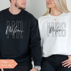 All of our Custom Mrs & Mr hoodies are handmade to order on an ultra soft crewneck that will quickly become your go to apparel item! You will never want to take it off! Our Matching Couple sweatshirts are handmade to order with eco-friendly water based ink that feels good and lasts longer! ♥The details♥ This unisex sweatshirt is crafted from soft, breathable fabric for ultimate comfort. Printed with an eco-friendly water-based ink, this sweater not only looks great but also supports sustainable practices. The unisex sizing allows for a versatile fit, but we suggest sizing up for a more relaxed look. To keep your crewneck looking its best, we recommend washing it on cold and either hanging it to dry or tumble drying it on low heat. Be sure to avoid ironing directly on the design to preserve Black Long Sleeve Sweatshirt With Custom Text, Customizable Fleece Crew Neck Sweatshirt, Customizable Fleece Crew Neck Top, Customizable Crew Neck Hoodie For Fall, Custom Text Cotton Hoodie With Crew Neck, Custom Text Cotton Crew Neck Hoodie, Winter Crew Neck Sweatshirt With Custom Text, Relaxed Fit Crew Neck Hoodie As Gift, Black Crew Neck Sweatshirt For Gift