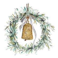 a watercolor painting of a christmas wreath with a bell hanging from it's side