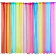 multicolored sheer curtains hanging in front of a white background